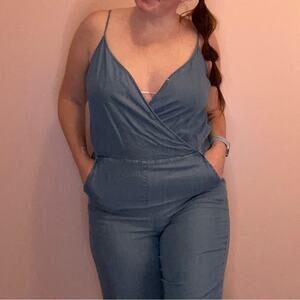 CeCe by Cynthia Street Chambray Spaghetti Strap Cropped Leg Jumpsuit 10